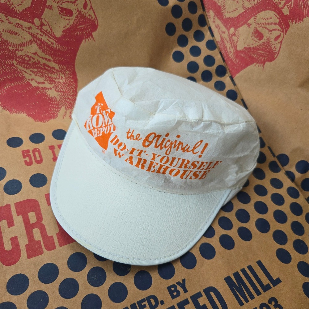 VTG Home Depot Painter Cap White Size M/L OSFM Paper Crown Green Underbrim Retro